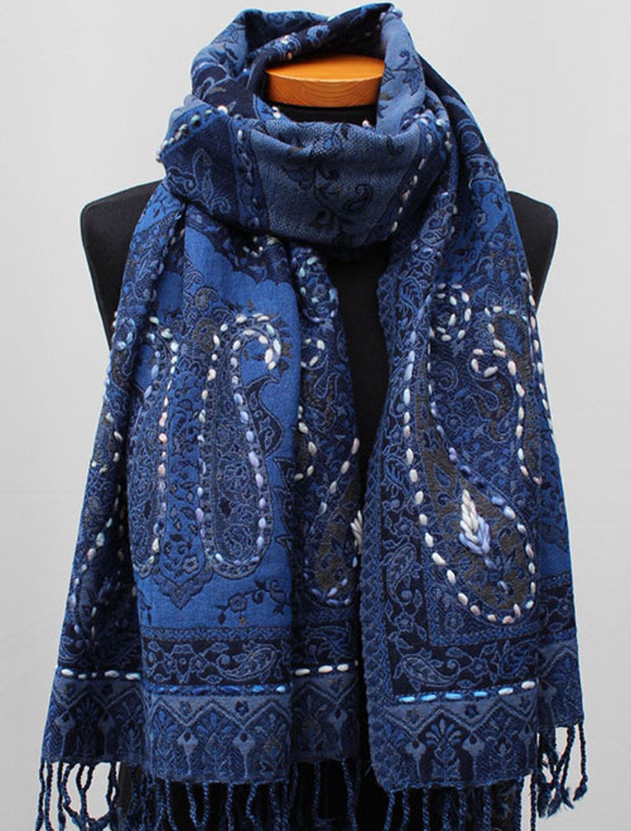 Wollen geborduurde sjaal en omslagdoek Helder-Blauw