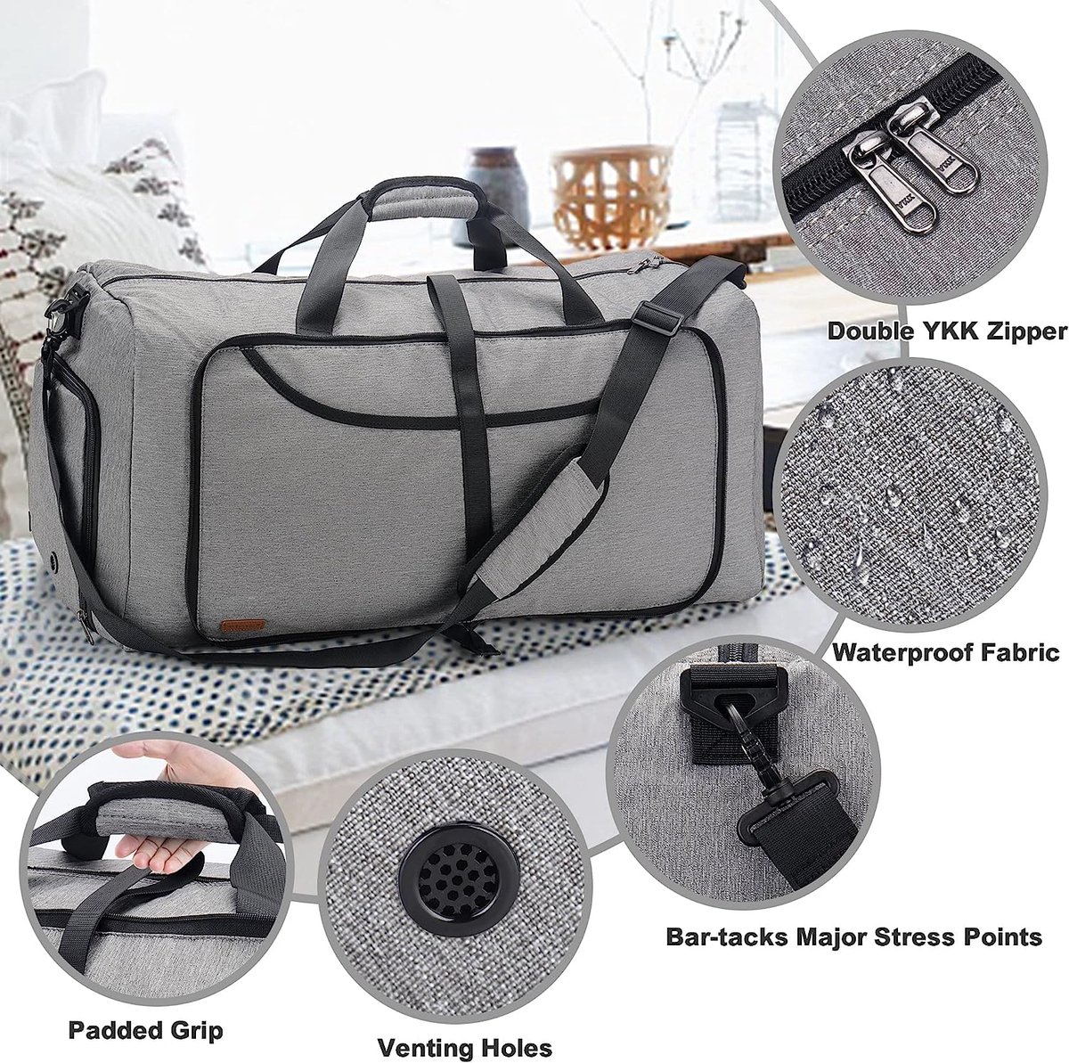 Urtala Foldable Travel Bag for Men and Women, Large Weekender Bag with Shoe Compartment, Waterproof Hand Luggage Bag, Sports Bag, Grey, 100L, Classic