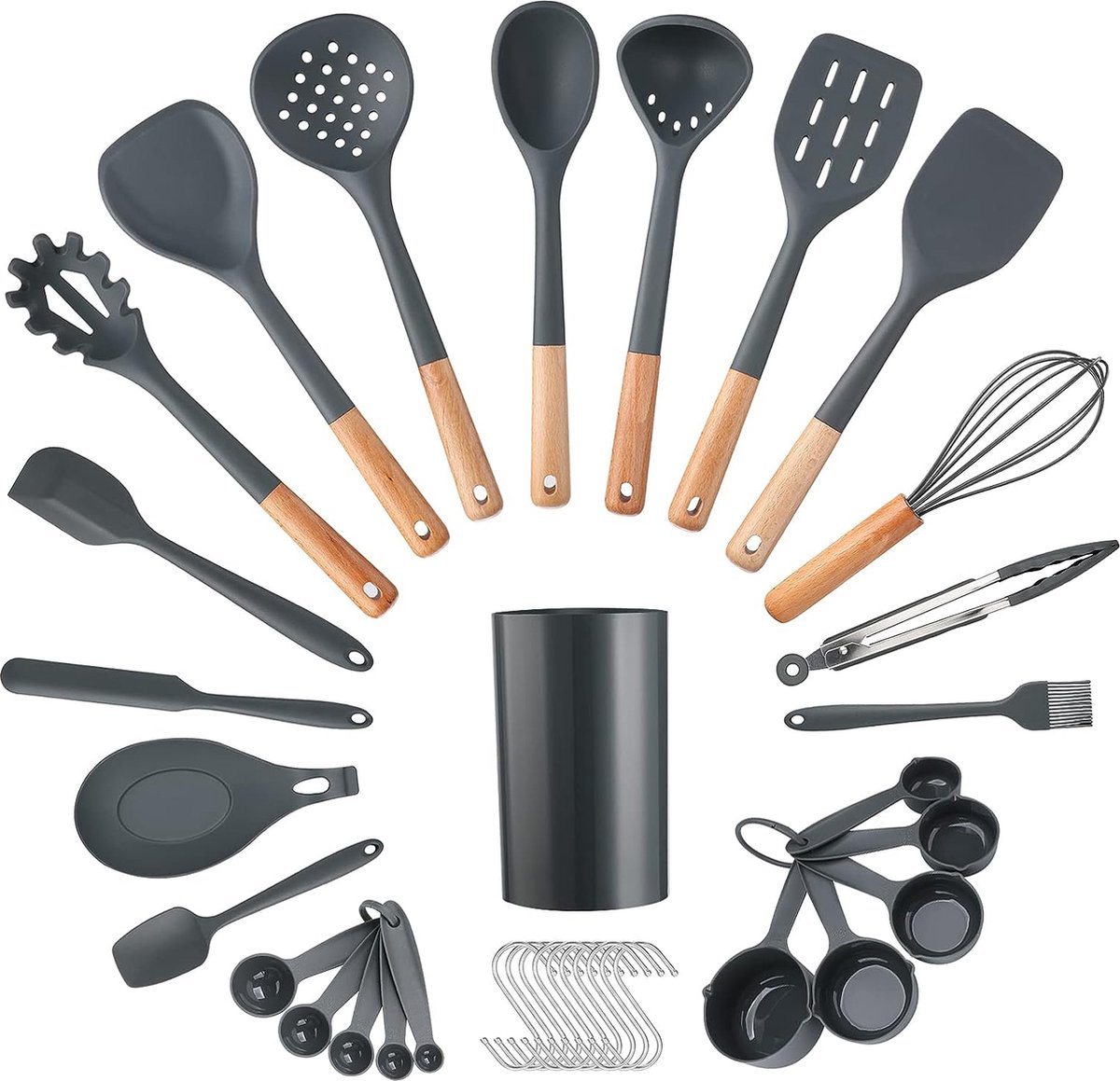 35 Stuks Siliconen Keukengerei Set voor Koken Bakken, Non-stick Hittebestendig Kookgerei met Houder Spatel Lepel Turner Borstel Garde Kooktang, Thuis Keuken Essentials –Grijs