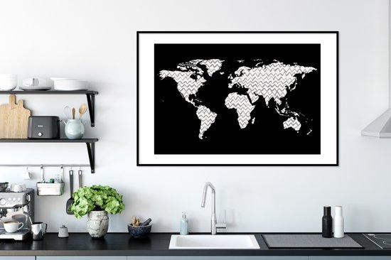 Wereldkaart en noir et blanc avec motif zigzag 120x80 cm