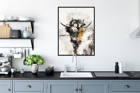 Affiche avec cadre Scottish Highlander - Peinture - Fleurs - 60x80 cm