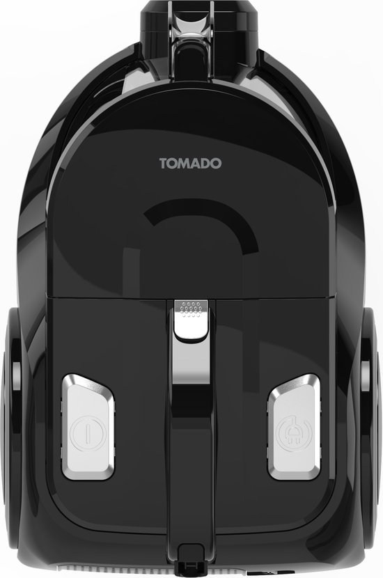 Aspirateur noir avec logo Tomado, vu de dessus.
