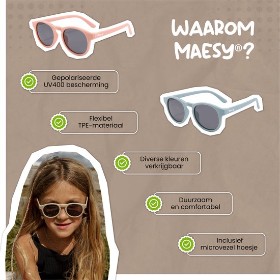 Lunettes de soleil Maesy roses et bleu clair pour enfants avec protection UV400, matériau TPE flexible.