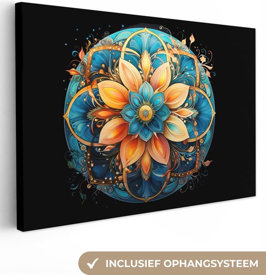 Canvas Schilderij Mandala - Blauw - Oranje - Zwart - Bloemen - 120x80 cm - Wanddecoratie