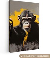 Canvas Schilderij Aap - Chimpansee - Banaan - Geel - Dieren - Stropdas - 80x120 cm - Wanddecoratie