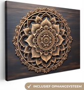 Canvas schilderij 160x120 cm - Wanddecoratie Mandala - Hout - Bloemen - Bruin - Muurdecoratie woonkamer - Slaapkamer decoratie - Kamer accessoires - Schilderijen