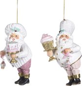 Viv! Christmas Kerstornament - Chef Kerstman met taart - set van 2 - roze wit - 14,5cm
