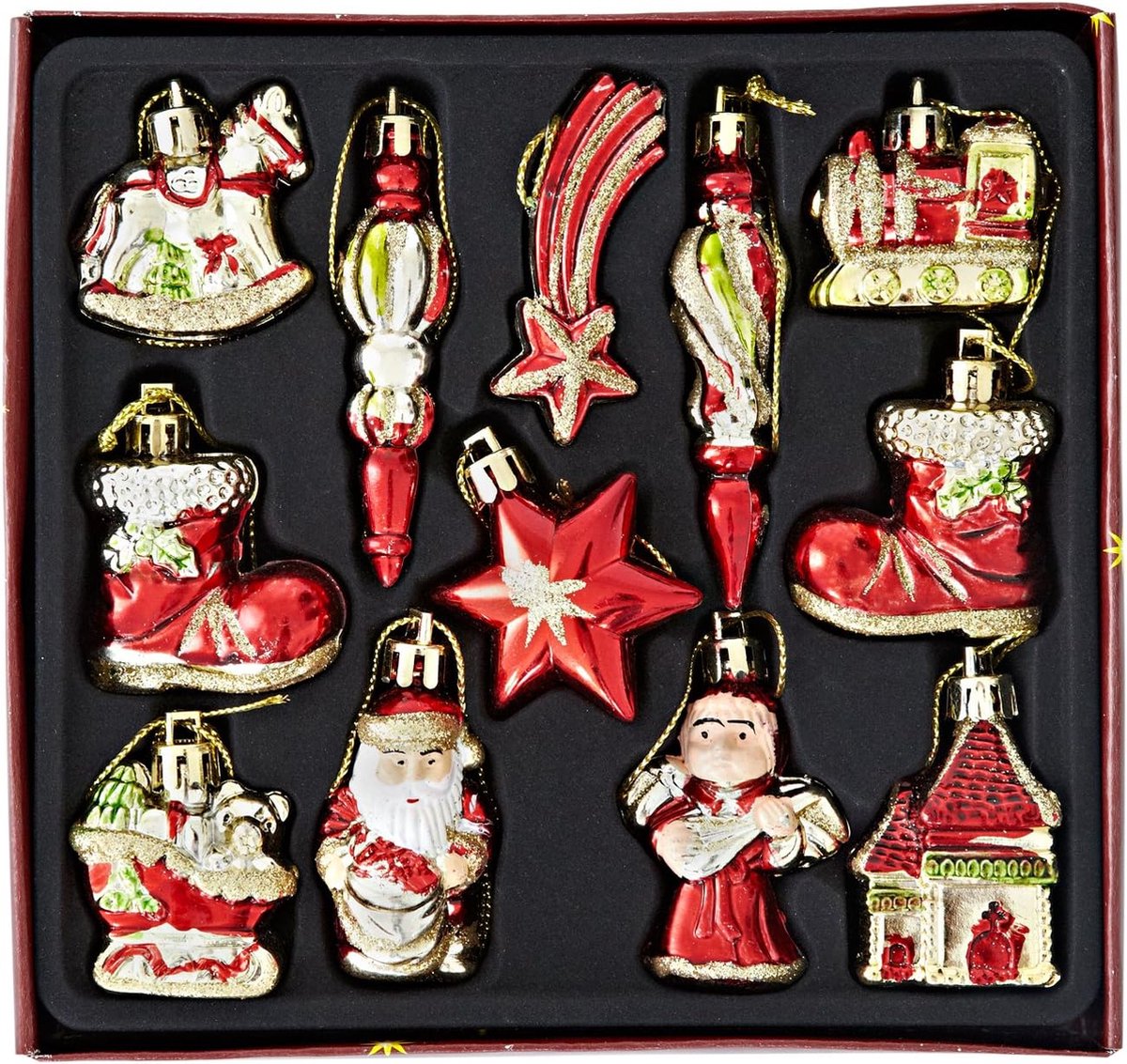 Set van kerstversieringen, voor de kerstboom, kunststof, 12-delig, kerstboomhangers, rood-goud