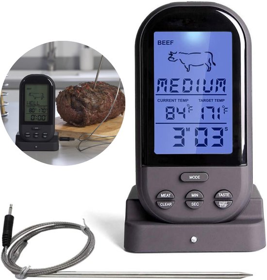 BFOUR Vleesthermometer, draadloze barbecuethermometer, bluetooth met app, IP67 waterdicht, kerntemperatuurmeter, groot display, braad-thermometer, app-bediening, voor barbecue, oven, rotisserie BFOUR Vleesthermometer, draadloze barbecuethermometer, bluetooth met app, IP67 waterdicht, kerntemperatuurmeter, groot display, braad-thermometer, app-bediening, voor barbecue, oven, rotisserie