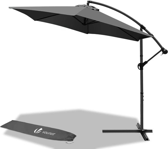 Joparri Zweefparasol, met/zonder led, zonnelol, 300/350 cm, met zwengel, zweefparasol met standaard, tuinscherm, uv-bescherming, zwengelparasol, waterdicht marktscherm, Grijs zonder LED Solar, 350