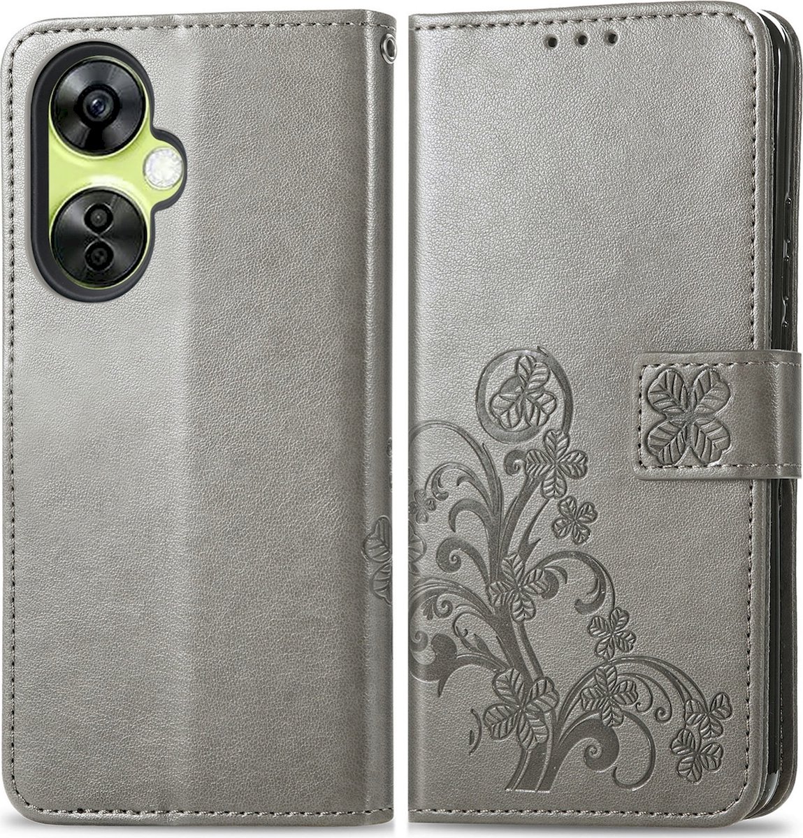 Mobigear Telefoonhoesje geschikt voor OnePlus Nord CE 3 Lite 5G Hoesje | Mobigear Clover Bookcase Portemonnee | Pasjeshouder voor 3 Pasjes | Telefoonhoesje voor Pinpas / OV Kaart / Rijbewijs - Grijs