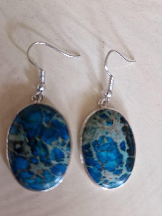 Boucles d'oreilles pierres précieuses-argent JASPIS bleu océan ovale en argent sterling 925 2,5x 1,8cm 8 g
