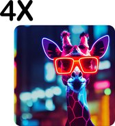 BWK Luxe Placemat - Giraf met Zonnebril in Neon Kleuren - Set van 4 Placemats - 40x40 cm - 2 mm dik Vinyl - Anti Slip - Afneembaar