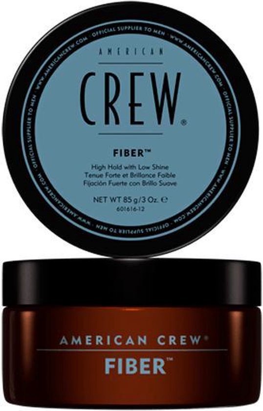 American Crew Fiber pot met bruine basis en blauw deksel.