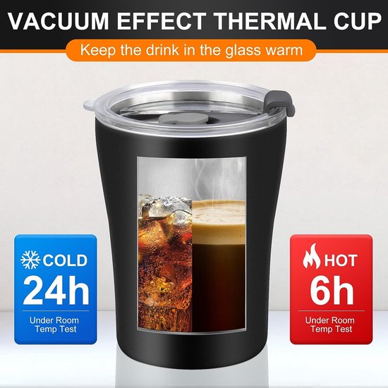 Tasse à café double isolation, tasse isolante, tasse de voiture, tasse à lait, tasse à café de bureau, capacité 260 ml, utilisable avec de la paille (noir)
