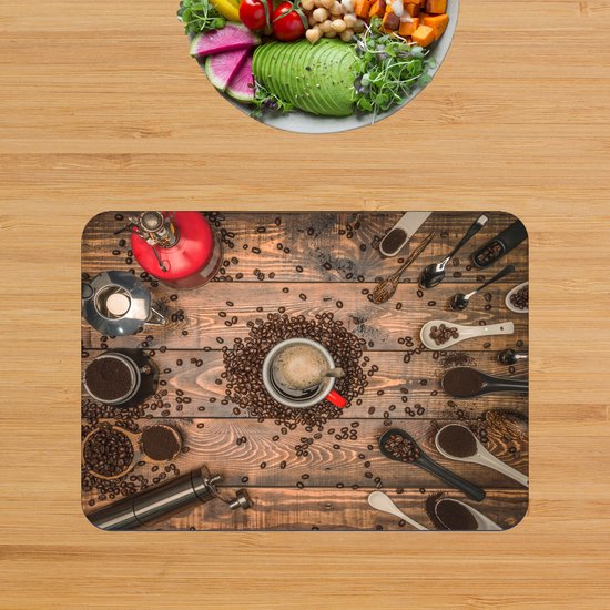 BWK Stevige Placemat - Koffie molens en Schepjes - Set van 4 Placemats - 40x30 cm - 1 mm dik Polystyreen - Afneembaar