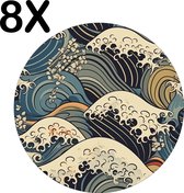 BWK Luxe Ronde Placemat - Japanse Styl Golven Getekend - Set van 8 Placemats - 50x50 cm - 2 mm dik Vinyl - Anti Slip - Afneembaar