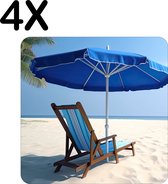BWK Luxe Placemat - Blauwe Stoel met Parasol op Prachting Wit Strand - Set van 4 Placemats - 40x40 cm - 2 mm dik Vinyl - Anti Slip - Afneembaar