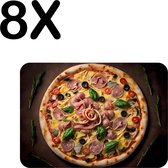 BWK Flexibele Placemat - Pizza met Ham en Olijven op Donkere Achtergrond - Set van 8 Placemats - 40x30 cm - PVC Doek - Afneembaar