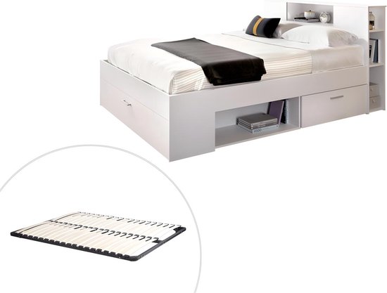 Bed met hoofdeinde met opbergruimte en lades - 160 x 200 cm - Kleur: wit + bedbodem - LEANDRE L 228.5 cm x H 95 cm x D 169.5 cm