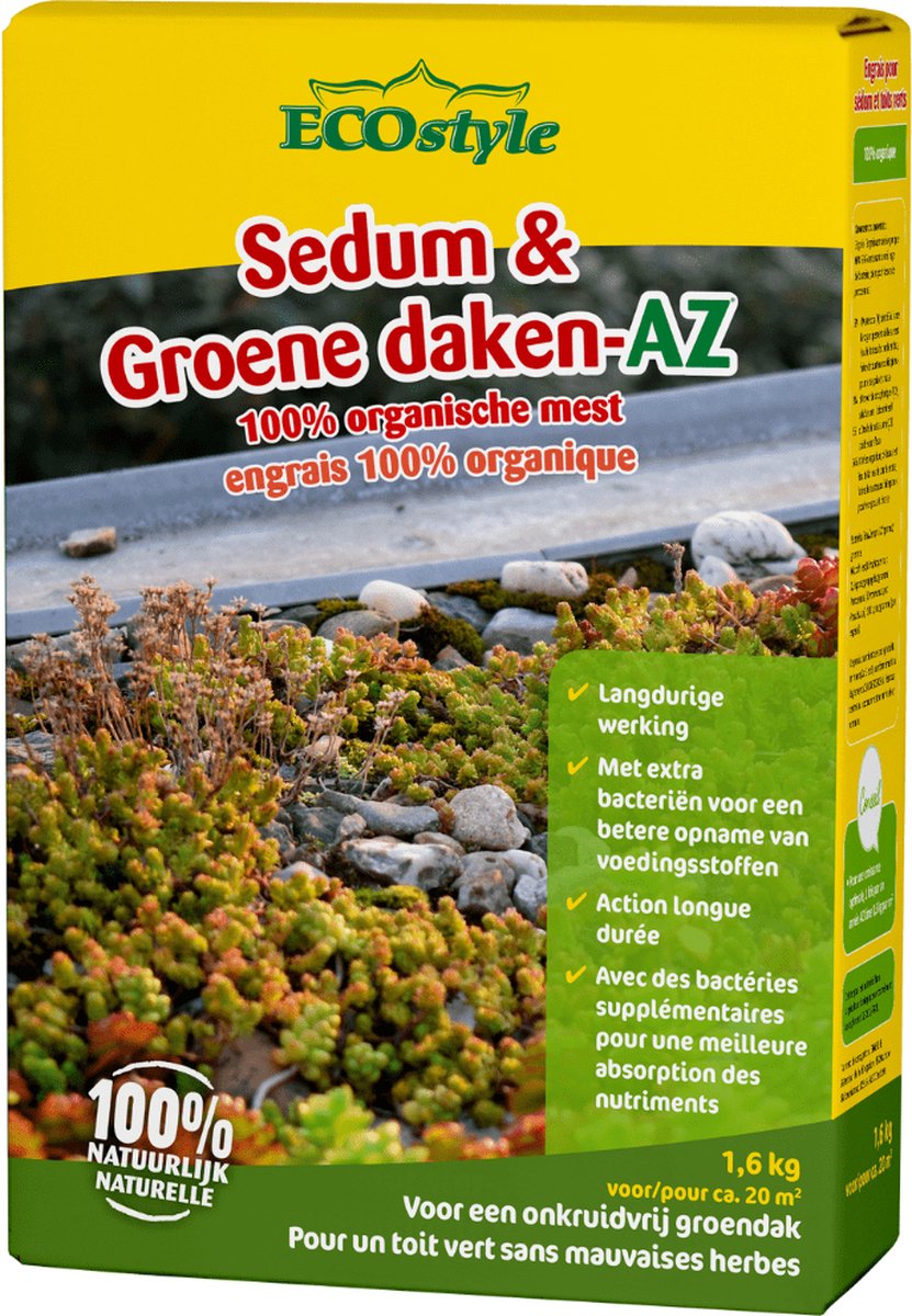 ECOstyle Sedum & Groene Daken-AZ - Onkruidvrij & Groen Dak - Betere Opname van Voedingsstoffen - 120 Dagen Voeding - 20 m2 - 1600 GR