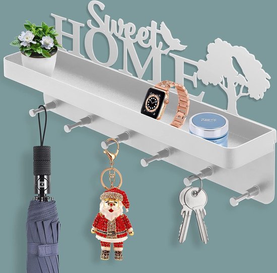 Sweet Home Sleutelrek met opbergruimte, wit, zelfklevend sleutelbord, 6 haken, decoratieve sleutelhouder, hanger, wooncultuur voor entree, hal, kantoor patent