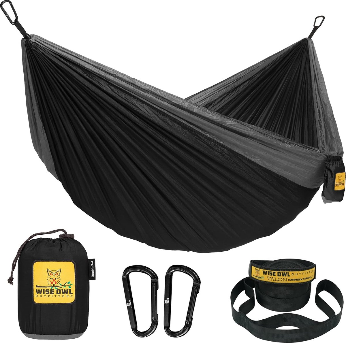 Hangmat - Outdoor hangmat voor 2 personen - Ultralichte rijsthangmat - Belastbaar tot 226 kg - Kampeeraccessoires - Incl. ophangen en karabijnhaak (zwart en grijs)L