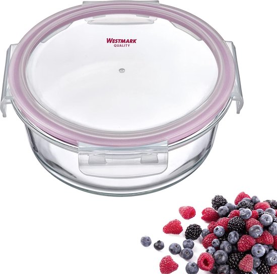 Westmark Glazen vershouddoos, rond, vulvolume: 400 ml, magnetron- en ovenbestendig, glas/siliconen/kunststof, transparant/rood, 233222E1