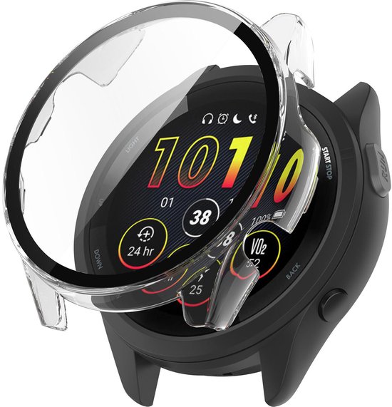 Transparante smartwatch case met een losse screenprotector, die de zwarte smartwatch met een helder display en '1010' erop bedekt.