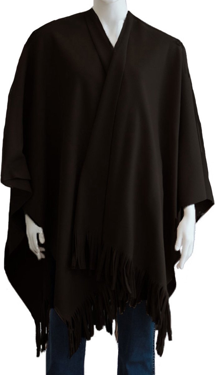 Luxe omslagdoek/poncho - zwart - 180 x 140 cm - fleece - Dameskleding accessoires