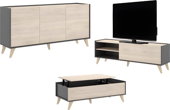 Set "woonkamer" KOLYMA: Salontafel + TV-meubel + buffetkast - Antraciet / eiken L 155 cm x H 75 cm x D 60 cm