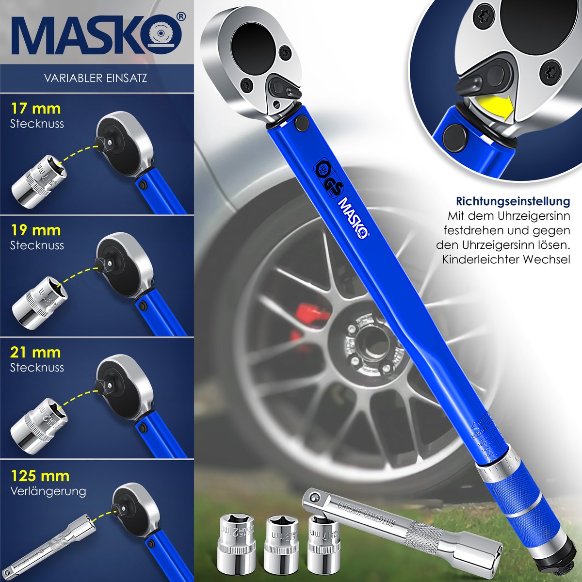 MASKO® Drehmomentschlüssel 6tlg. Set 40-210Nm 1/2 ' CV inkl. 3