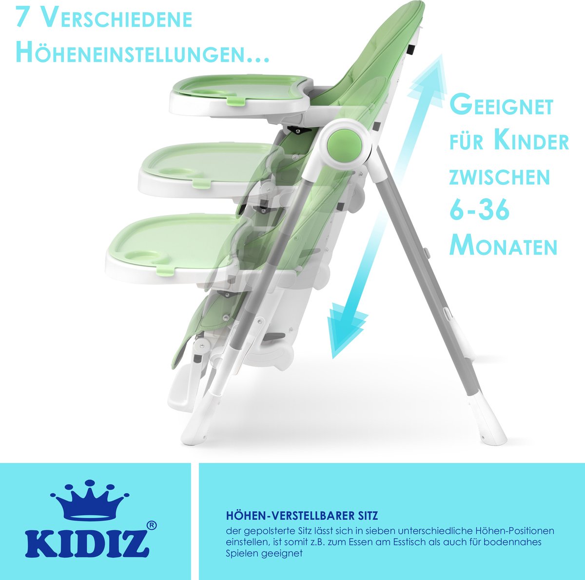 KIDIZ® 3in1 kinderstoel incl. speelbar, Eetstoel, Babystoel, combinatie kinderstoel, 7 in hoogte verstelbare rugleuning, meegroei van 0 maanden tot 6 jaar - Groen thumbnail 5