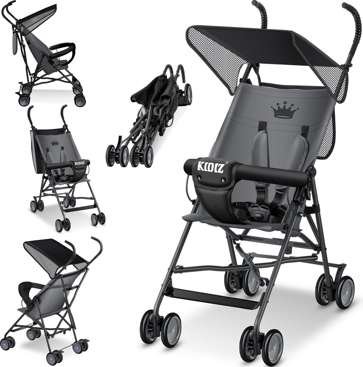 KIDIZ® Kinderwagen CITY Buggy Kinderwagen Opvouwbaar 360° 4-inch wielen Incl. zon- en regenhoes Opvouwbaar 5-punts veiligheidstuigje vanaf 6 maanden - Antraciet
