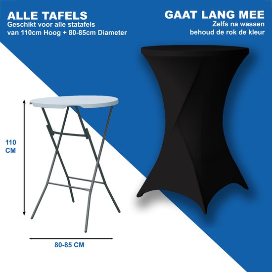 Zwarte statafelrok van stretchstof die past op tafels van 110 cm hoog en 80-85 cm diameter.