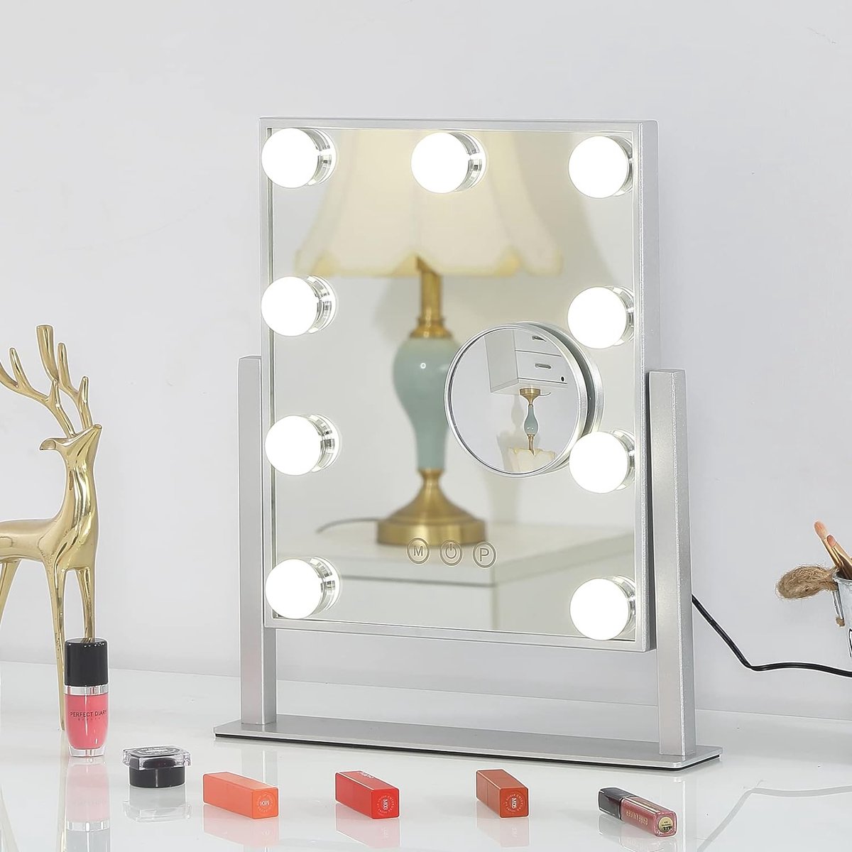 Miroir De Maquillage Rond avec Lumières Miroir De Bureau avec Écran  Tactile, Rotation À 360 Degrés, Luminosité LED Réglable, Blanc, Or, Cadre  en Métal
