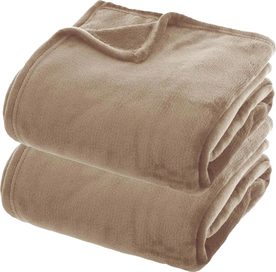 Atmosphera fleece dekens/fleeceplaids - 2x - beige - 180 x 230 cm - polyester - Molton Bankdeken