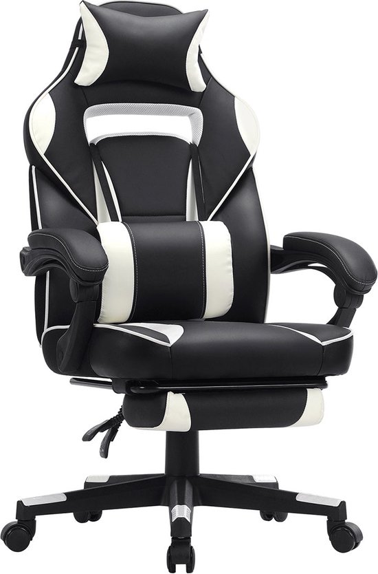 Gamestoel - Bureaustoel - Met rugkussen en hoofdsteun - zwart-Wit
