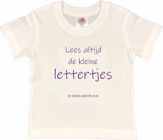 Shirt Aankondiging zwangerschap "Lees altijd de kleine lettertjes (ik word grote zus)" | korte mouw | Wit/paars | maat 86/92 zwangerschap aankondiging bekendmaking Baby big bro Sis Sister