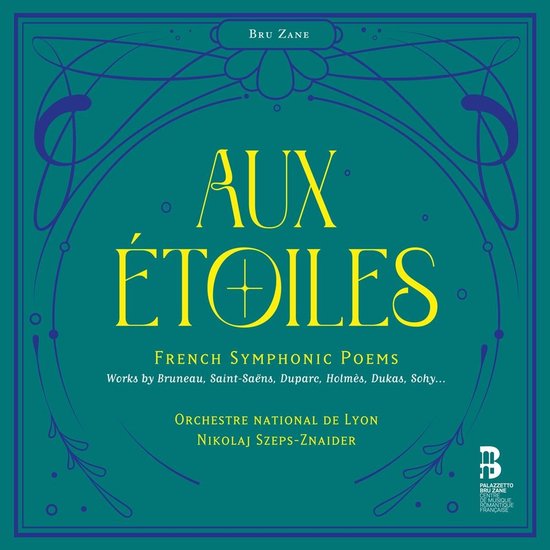 Albumhoes met de titel "AUX ÉTOILES" in het geel, omringd door een blauw art-nouveau-ontwerp.