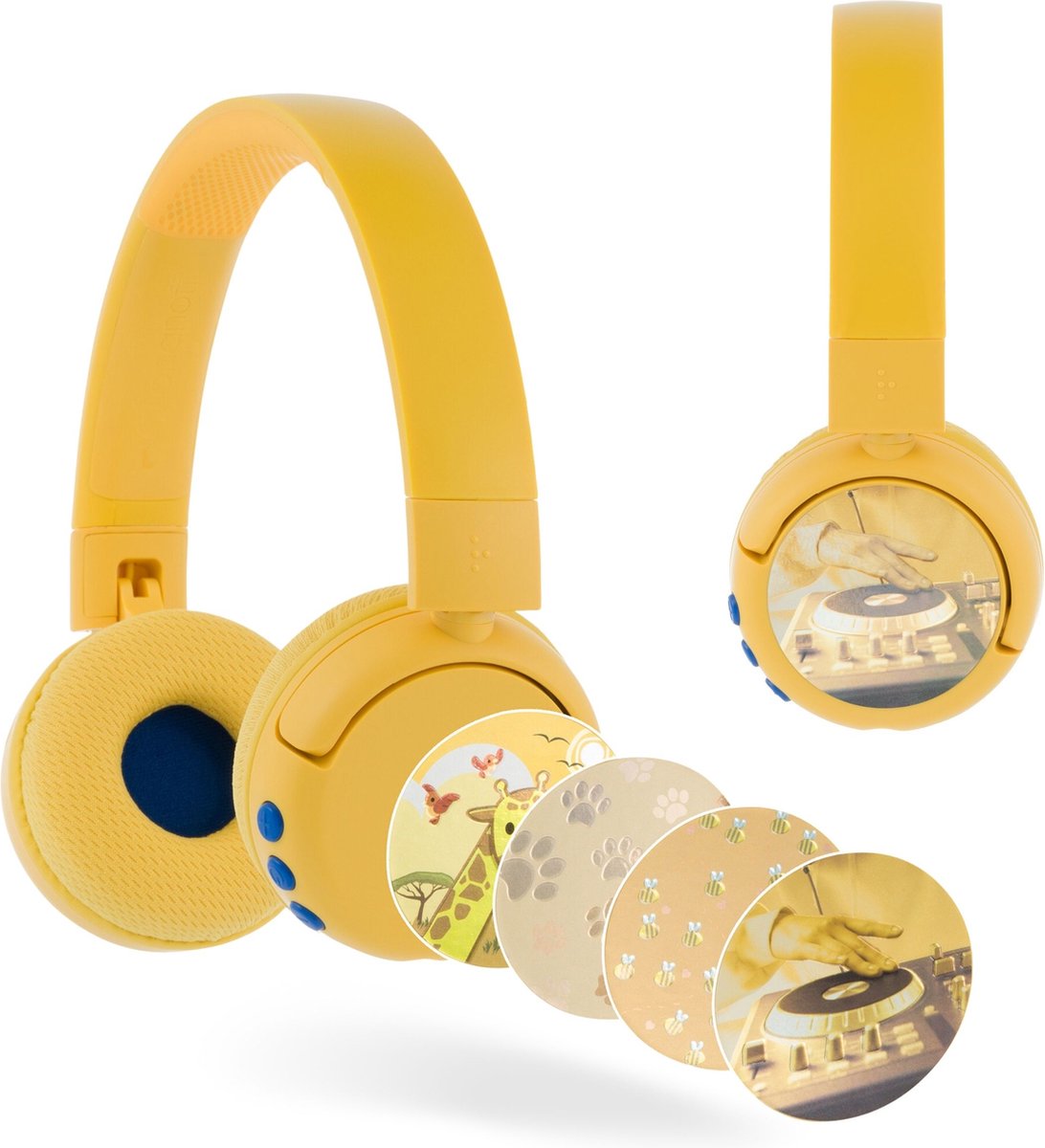 BuddyPhones PopFun Koptelefoon Kinderen - Kinder Koptelefoon Draadloos – Volumelimiet 84/95 dB – 24 uur batterijduur – Bluetooth Hoofdtelefoon - Ingebouwde microfoon - Inclusief Leuke Stickers - Geel — afbeelding 4