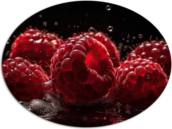 Dibond Ovaal - Frambozen - Fruit - Rood - Water - Druppels - 108x81 cm Foto op Ovaal (Met Ophangsysteem)