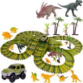 Piste de voiture Ilso avec dinosaures - 200 éléments - jungle de piste de course - Livré avec Jeep et Dinosaurus - avec dinosaures - Facile à assembler - piles incluses