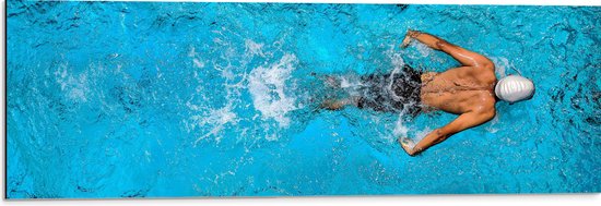 Dibond - Bovenaanzicht van Zwemmer met Badmuts - 90x30 cm Foto op Aluminium (Met Ophangsysteem)