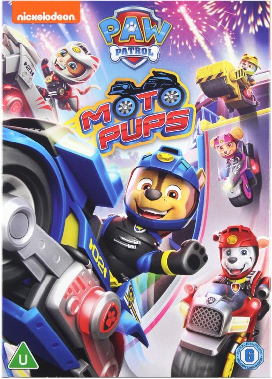 PAW Patrol: Moto Pups dvd cover met Chase op een motorfiets, omringd door andere pups en vuurwerk.