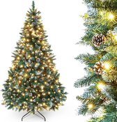 kunstkerstboom met verlichting en witte sneeuw, LED kerstboom voor kerstdecoratie met echte dennenappels, brandwerend (150CM)