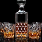 Whiskykaraf en glazenset, loodvrije whiskykarafset, 849 ml kristallen whiskykaraf met 4 glazen 280 ml in geschenkverpakking (5 stuks), whiskykarafset voor sterke drank