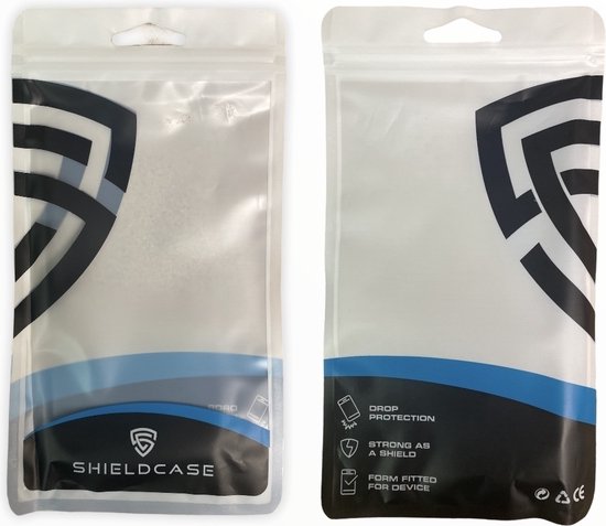 Verpakking van de ShieldCase met logo's en productinformatie zoals 'Drop Protection'.