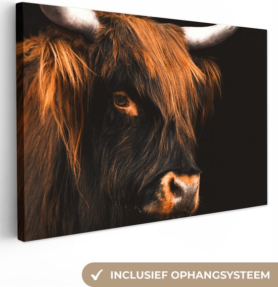 Canvas Schilderij Schotse hooglander - Zwart - Koe - Hoorn - Dieren - 90x60 cm - Wanddecoratie
