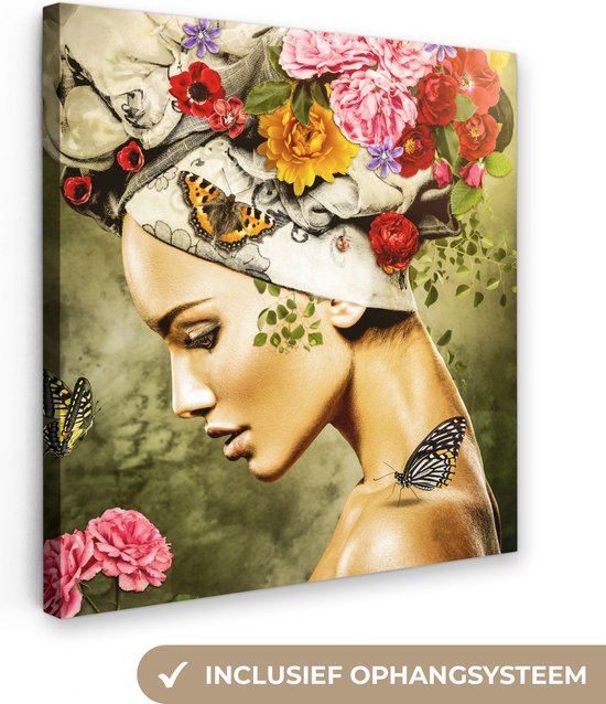 Canvas Schilderij Vrouw - Bloemen - Kleuren - Vlinders - Rozen - Hoofddoek - 90x90 cm - Wanddecoratie